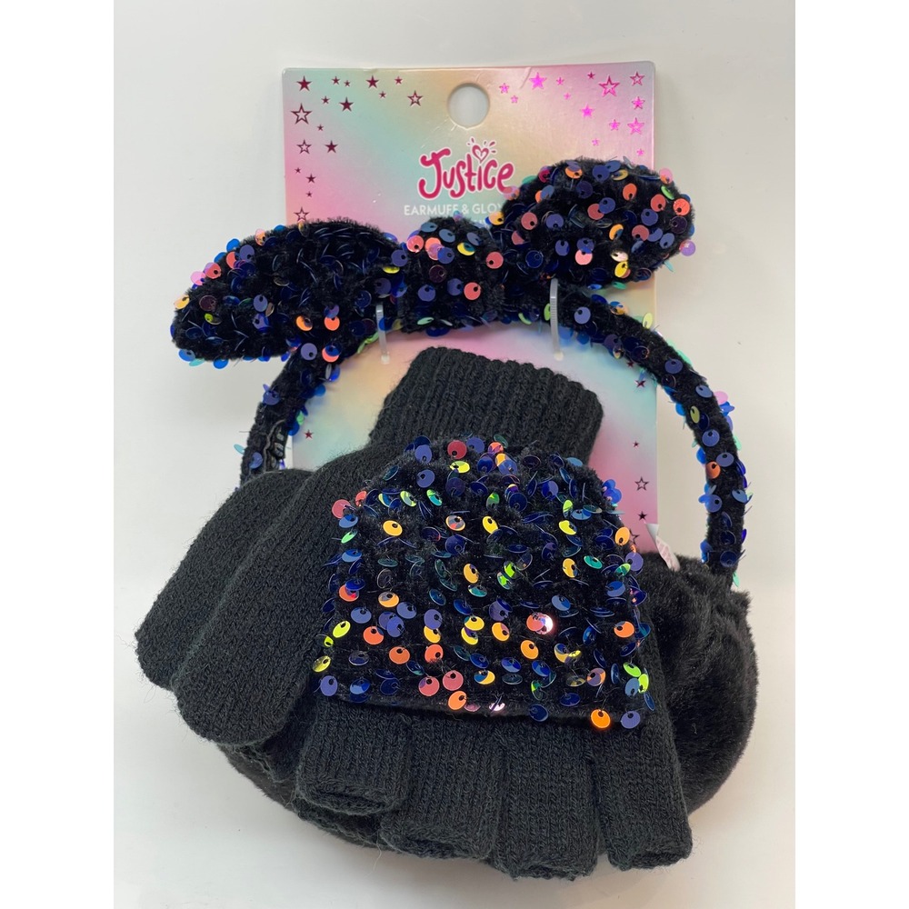 Justice Earmuff & Glove Set Kids OS Black New Sequin Faux Fur Winter Accessory